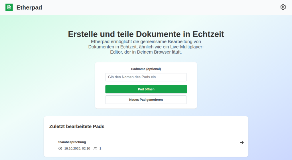 Startseite von Etherpad mit Feld für den Padnamen und Liste zuletzt bearbeiteter Pads