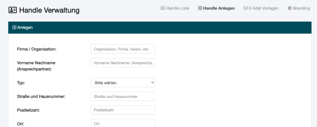 Formular Handle Anlegen im netcup CCP mit Feldern für Firma, Name, Typ und Adresse