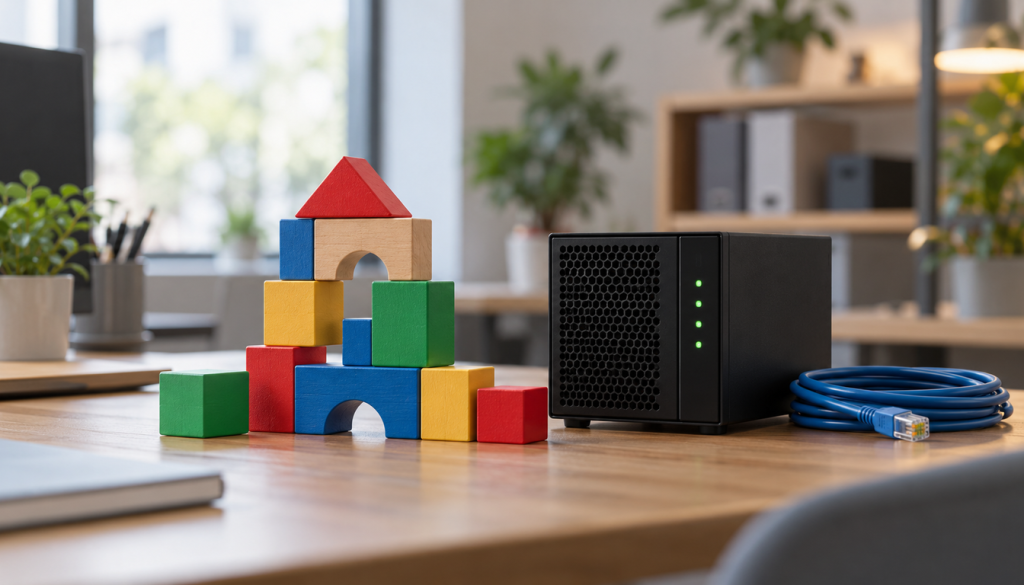 Turm aus bunten Holzbausteinen neben einem kleinen Server mit grünen Status-LEDs und Netzwerkkabel