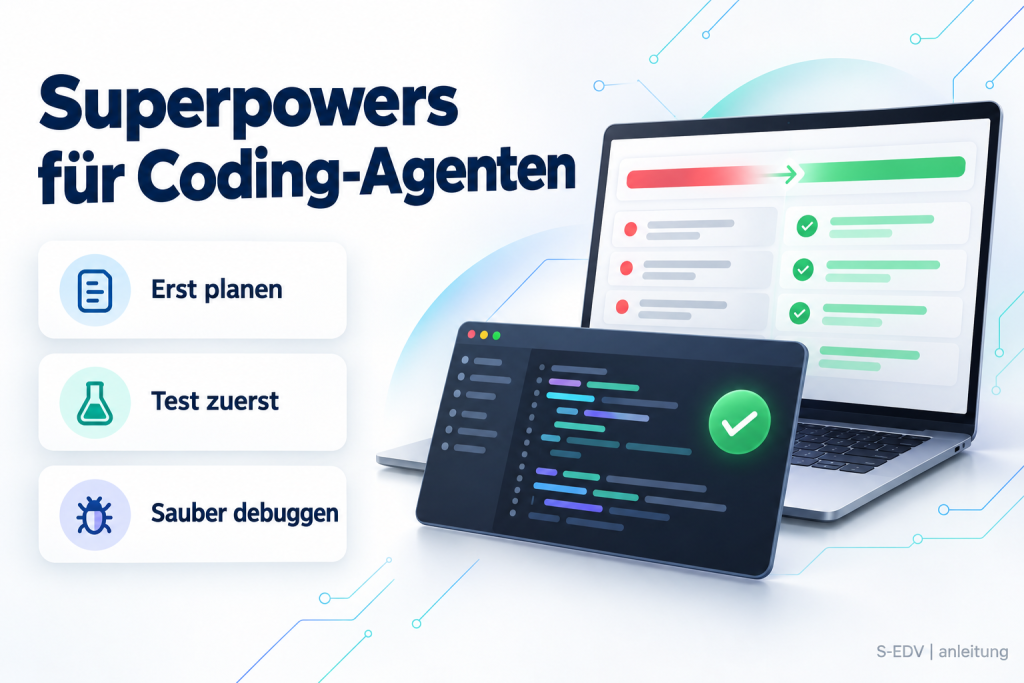 Titelbild: Superpowers für Coding-Agenten, mit Feature-Karten zu Planung, Test zuerst und Debugging