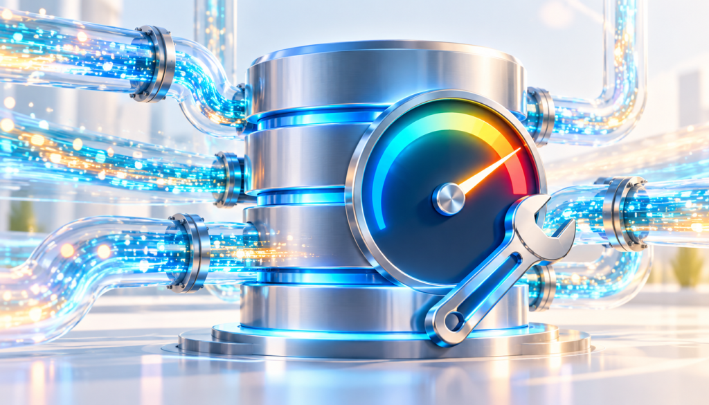Metallische Datenbank mit Tachometer und Schraubenschlüssel, umgeben von leuchtenden Datenleitungen aus Glas