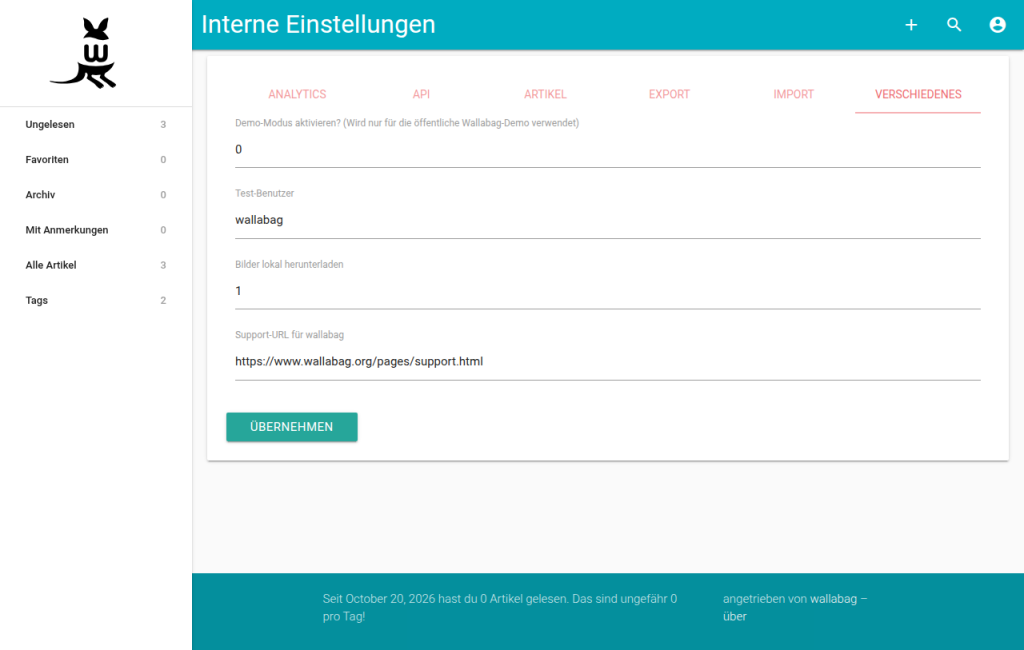Interne Einstellungen von wallabag im Reiter Verschiedenes mit dem Wert 1 bei Bilder lokal herunterladen
