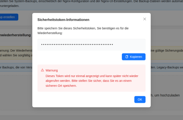 Dialog Sicherheitstoken-Informationen nach dem Erstellen eines Backups in Nginx UI