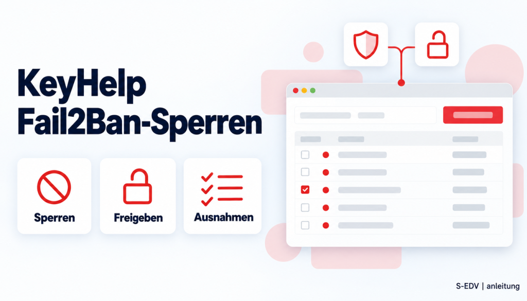 Illustration eines Hosting-Panels mit der Überschrift Fail2Ban-Sperren und den Karten Sperren, Freigeben, Ausnahmen