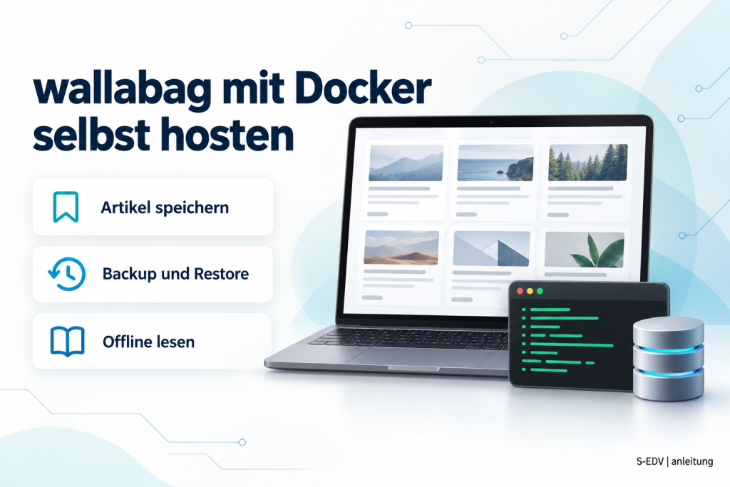 KI-generiertes Titelbild: wallabag mit Docker selbst hosten, Karten für Artikel speichern, Backup und Restore sowie Offline lesen