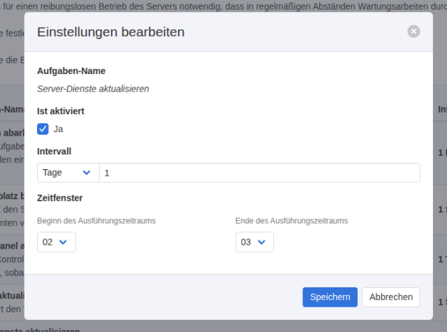 KeyHelp-Dialog Einstellungen bearbeiten für Server-Dienste aktualisieren mit Intervall 1 Tage und Zeitfenster 02 bis 03