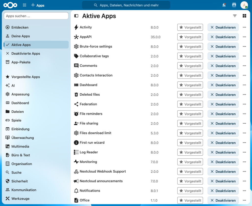 Nextcloud-Apps, Ansicht Aktive Apps mit Versionsnummern der mitgelieferten Apps nach dem Upgrade auf 35