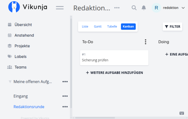 Vikunja mit Kanban-Ansicht und der Aufgabe Sicherung prüfen