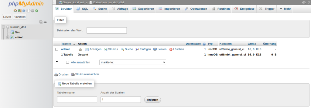 phpMyAdmin 5.2.3 nach dem Auto-Login aus KeyHelp mit der Datenbank kunde1_db1 und der Tabelle artikel, links nur diese eine Datenbank