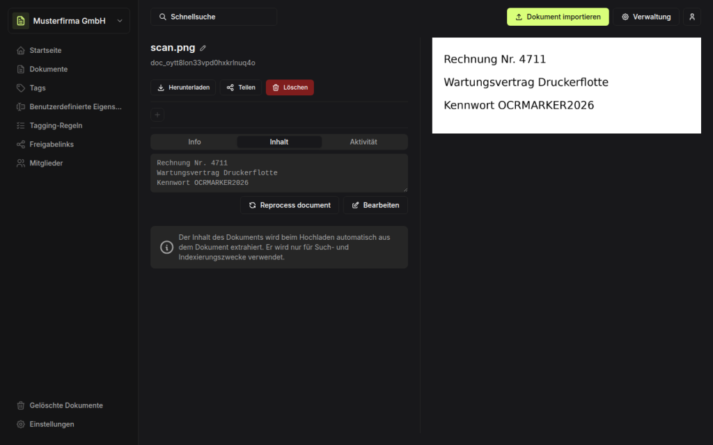 Papra-Dokumentansicht, Reiter Inhalt mit per OCR erkanntem Text eines eingescannten Bildes