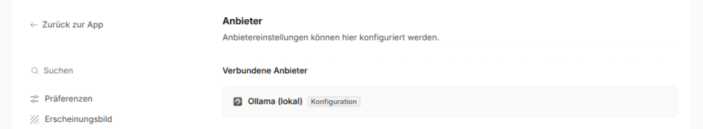 OpenCode-Einstellungen, Bereich Anbieter, mit verbundenem Anbieter Ollama (lokal)