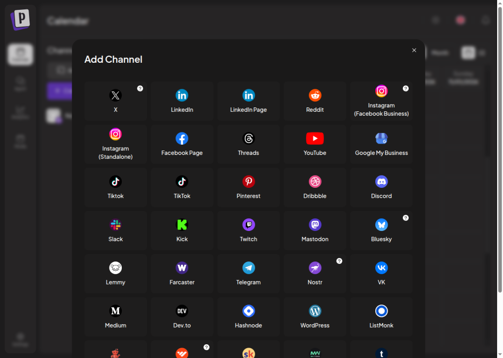 Postiz-Dialog Add Channel mit Kacheln für X, LinkedIn, Reddit, Instagram, YouTube, Mastodon, Bluesky, Nostr, WordPress und weitere Plattformen
