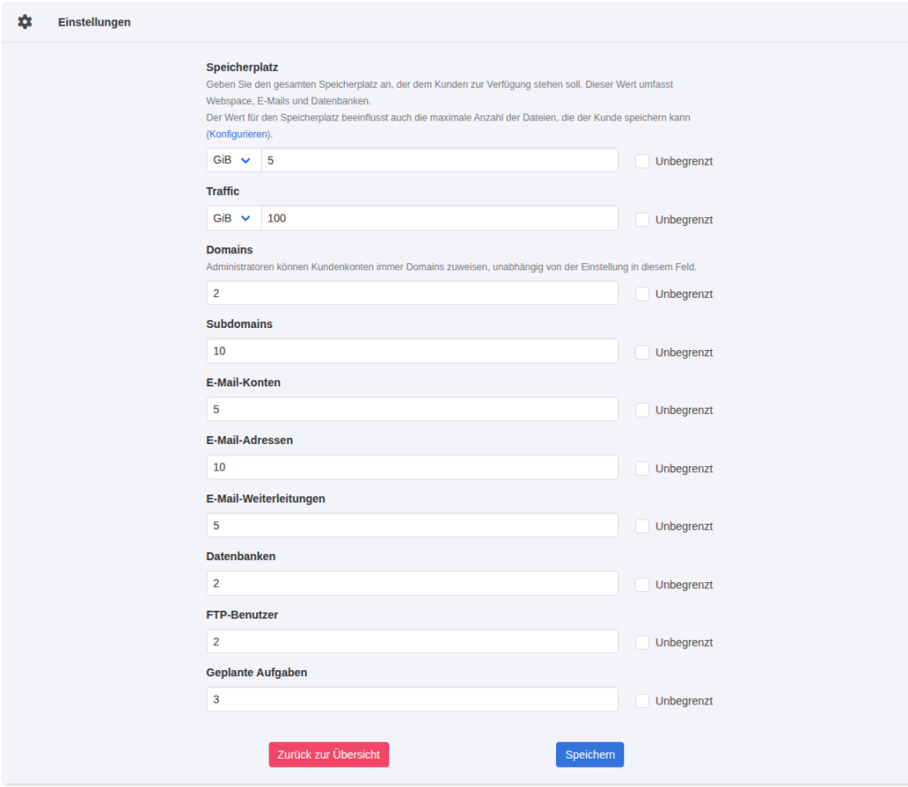 KeyHelp-Formular Kunde hinzufügen, Reiter Ressourcen mit 5 GiB Speicherplatz, 100 GiB Traffic, 2 Domains und weiteren Zählern