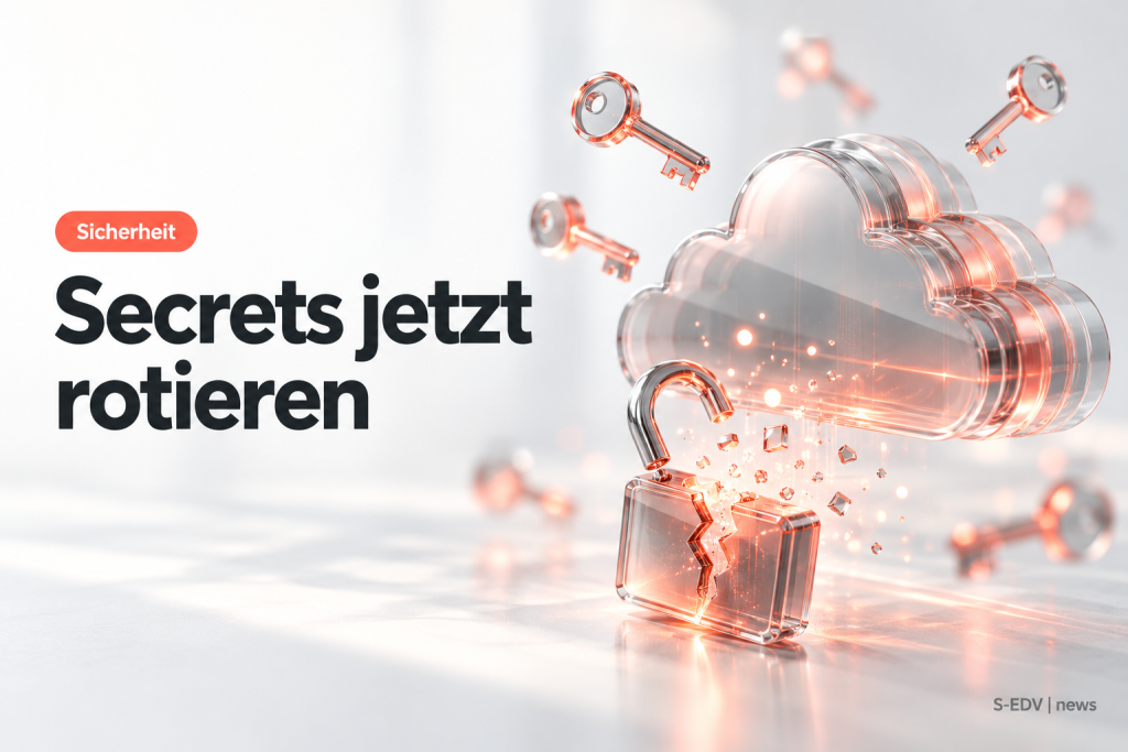 Symbolbild: gläserne Cloud mit geöffnetem Vorhängeschloss und schwebenden Schlüsseln, daneben die Überschrift Secrets jetzt rotieren