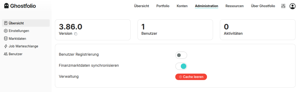 Ghostfolio-Administration mit Version 3.86.0, einem Benutzer und ausgeschalteter Benutzerregistrierung