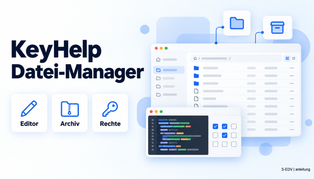 Illustration eines Hosting-Panels mit der Überschrift Datei-Manager und den Karten Editor, Archiv, Rechte
