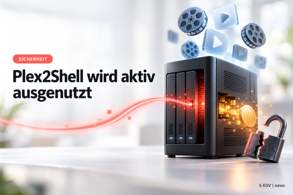 Illustration eines Medienservers mit Angriffspfad und geöffnetem Schloss, Headline Plex2Shell wird aktiv ausgenutzt