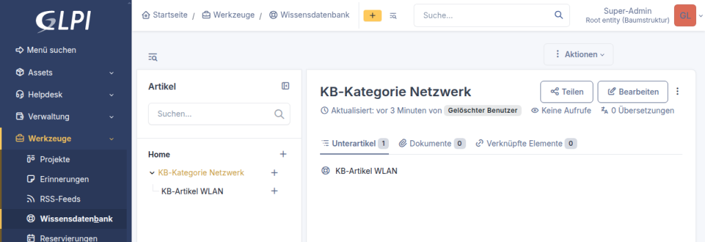 GLPI 12 Wissensdatenbank nach dem Update: frühere Kategorie KB-Kategorie Netzwerk als Artikel unter Home, darunter KB-Artikel WLAN