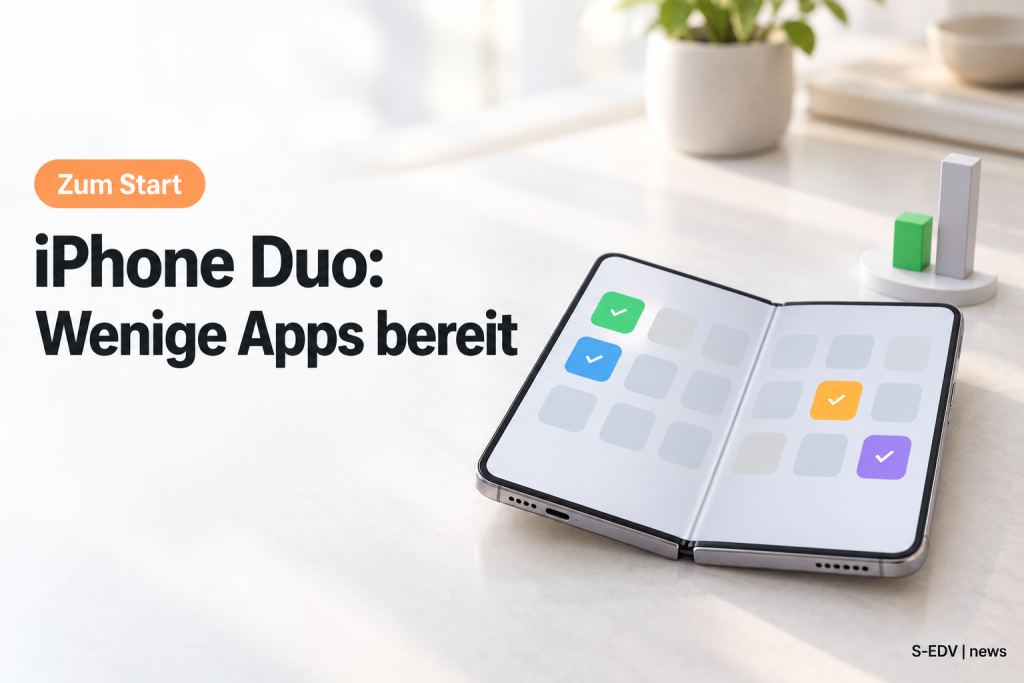 Aufgeklapptes faltbares Smartphone mit wenigen farbigen App-Kacheln mit Häkchen und vielen grauen Kacheln, Badge Zum Start, Headline iPhone Duo: Wenige Apps bereit
