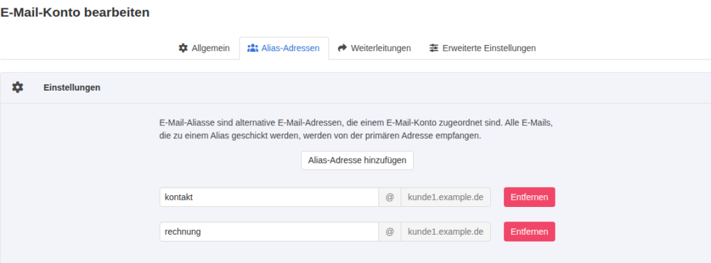 Reiter Alias-Adressen im Postfach info@kunde1.example.de mit den Aliasen kontakt und rechnung und je einer Schaltfläche Entfernen