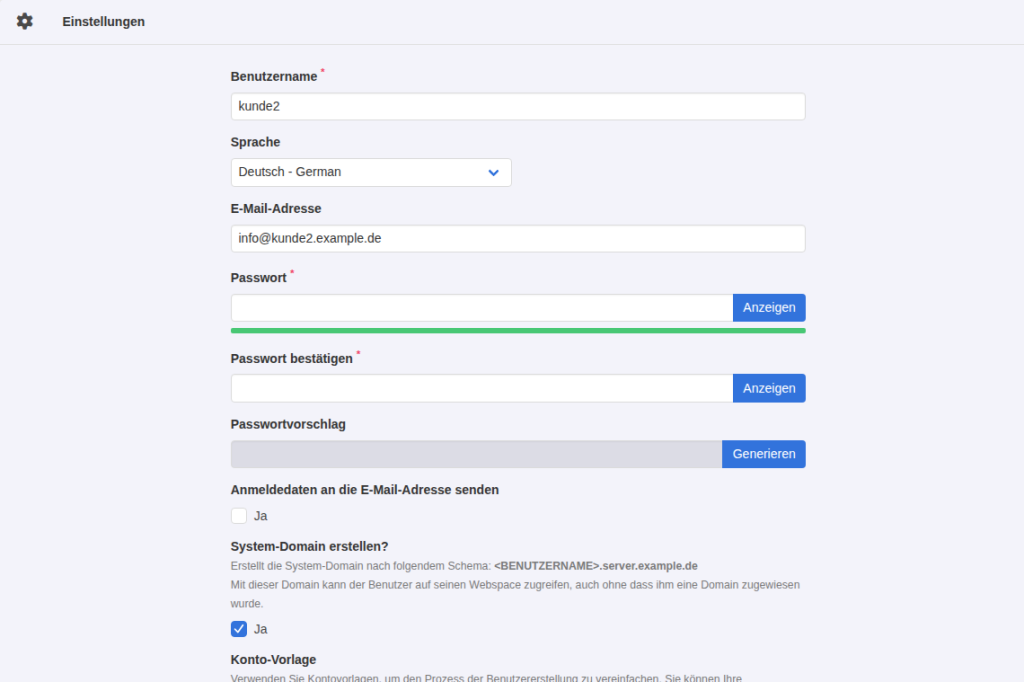 KeyHelp-Formular Kunde hinzufügen, Reiter Allgemein mit Benutzername kunde2 und ausgewählter Konto-Vorlage Starter samt Schaltfläche Vorlage übernehmen