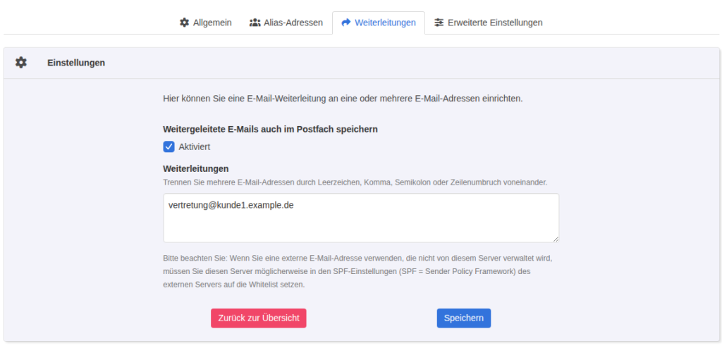 KeyHelp Kundenbereich, E-Mail-Konto bearbeiten, Reiter Weiterleitungen mit aktivierter Option Weitergeleitete E-Mails auch im Postfach speichern und der Weiterleitung an vertretung@kunde1.example.de