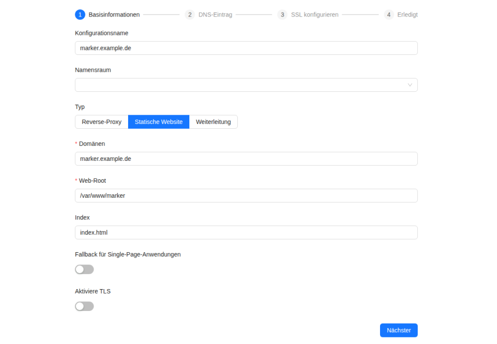 Assistent Seite hinzufügen in Nginx UI mit statischer Website marker.example.de