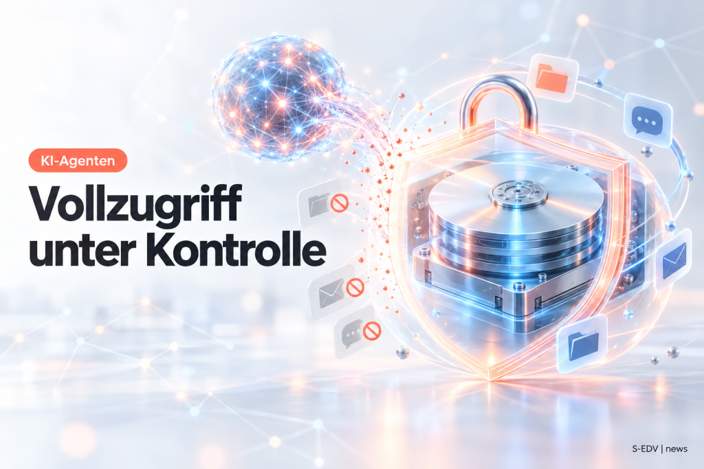 Hero-Grafik mit der Schlagzeile „Vollzugriff unter Kontrolle“, dem Hinweis KI-Agenten und einer durch Schild und Schloss geschützten Festplatte