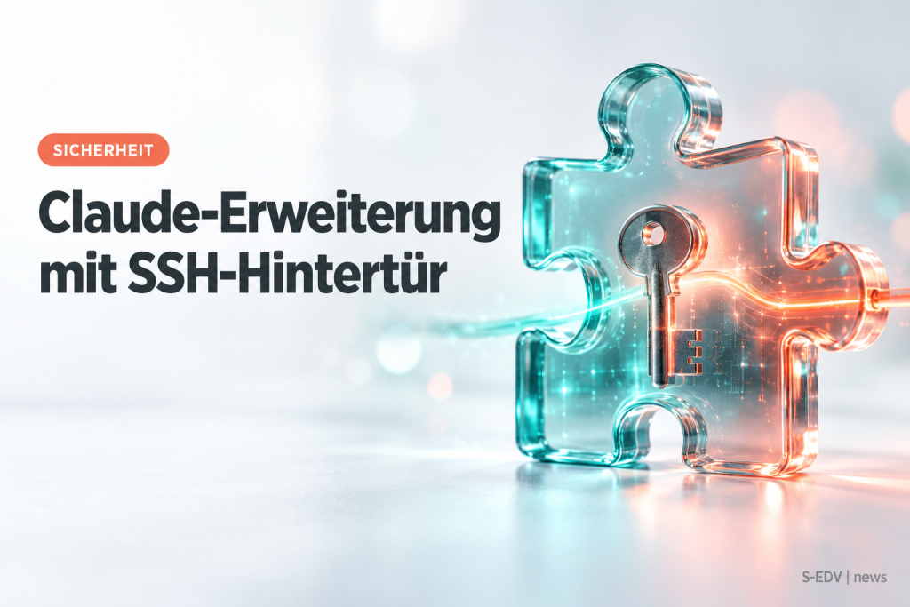 Symbolbild: Puzzleteil aus Glas mit eingebettetem Schlüssel und Leuchtspur, daneben die Überschrift Claude-Erweiterung mit SSH-Hintertür