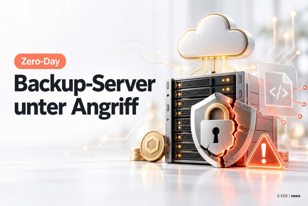 Illustration: Backup-Server mit gebrochenem Schloss-Schild, Warnsymbol und Krypto-Münzen, Headline Backup-Server unter Angriff