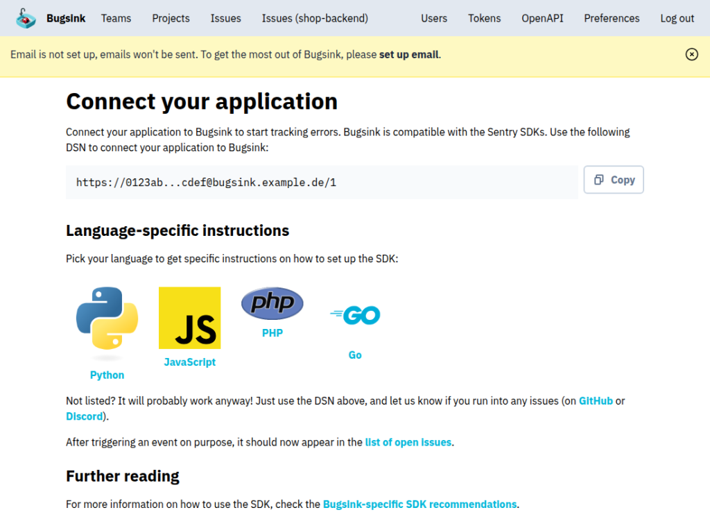 Bugsink-Seite Connect your application mit DSN des neuen Projekts und Links zu Python, JavaScript, PHP und Go