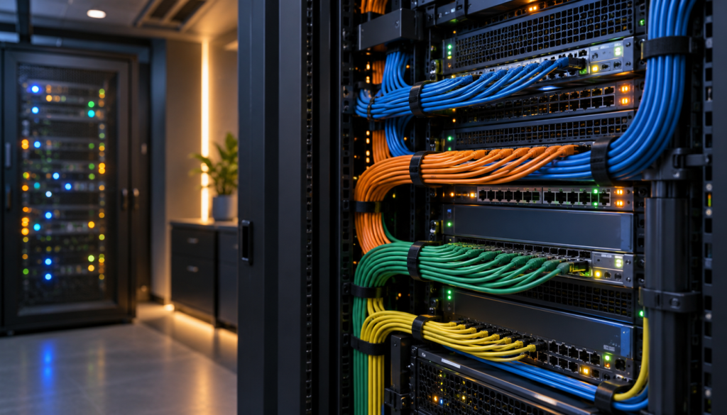 Serverschrank mit sauber gebündelten blauen, orangen, grünen und gelben Netzwerkkabeln und leuchtenden LEDs