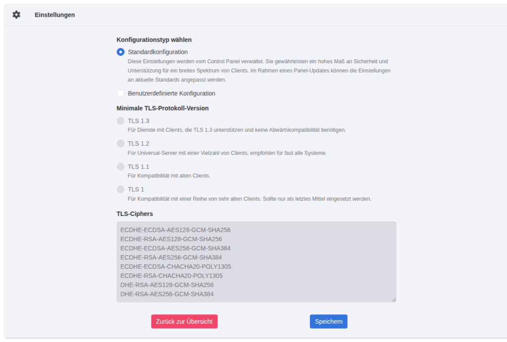 KeyHelp-Seite TLS-Version und Ciphers mit gewählter Standardkonfiguration, ausgegrauten TLS-Versionen und acht Standard-Cipher-Suites