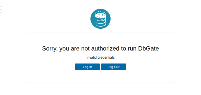 Anmeldeseite von DbGate mit der Fehlermeldung Invalid credentials nach falschem Kennwort