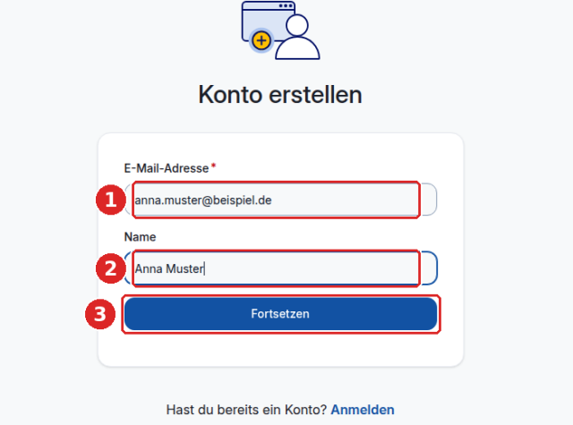 Vaultwarden-Web-Vault, Konto erstellen: Feld E-Mail-Adresse (1), Feld Name (2) und Schaltfläche Fortsetzen (3)