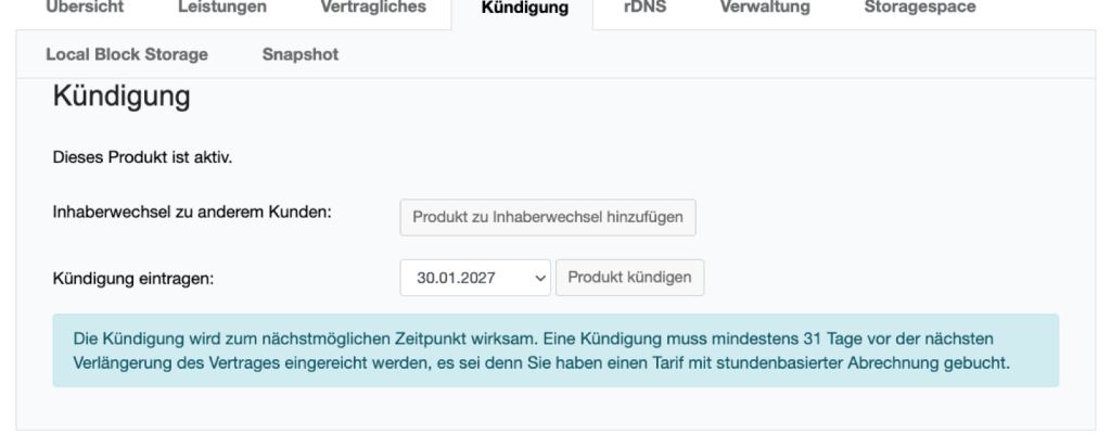 Tab Kündigung eines Servers im netcup CCP mit Terminauswahl und Hinweis zur Frist