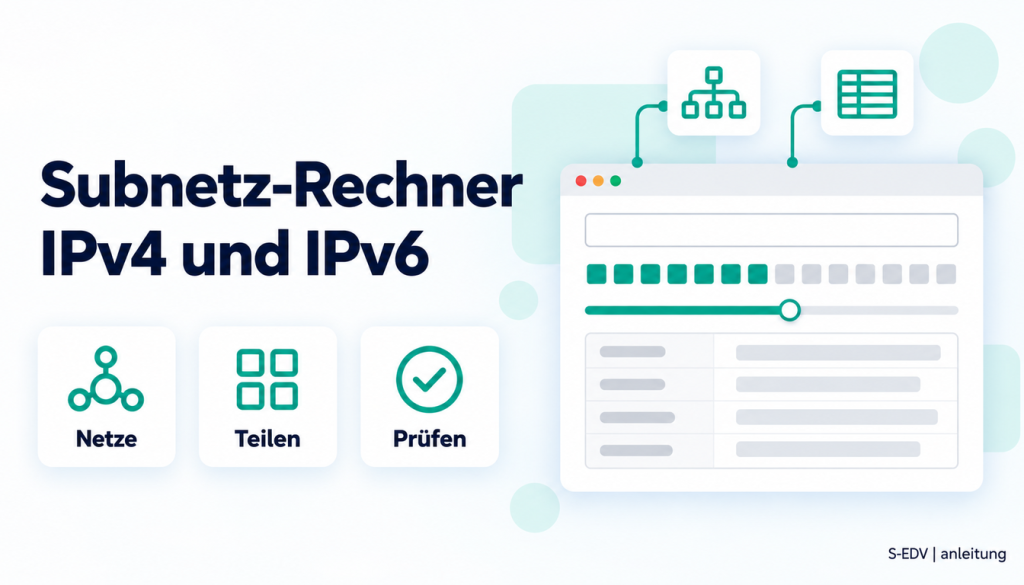 Titelbild: Subnetz-Rechner mit Eingabefeld, Bit-Leiste und Teilnetz-Tabelle