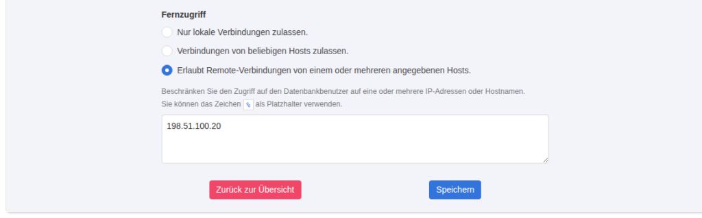 KeyHelp Kundenbereich Datenbank bearbeiten, Bereich Fernzugriff mit gewählter Option für angegebene Hosts und der IP 198.51.100.20 im Textfeld
