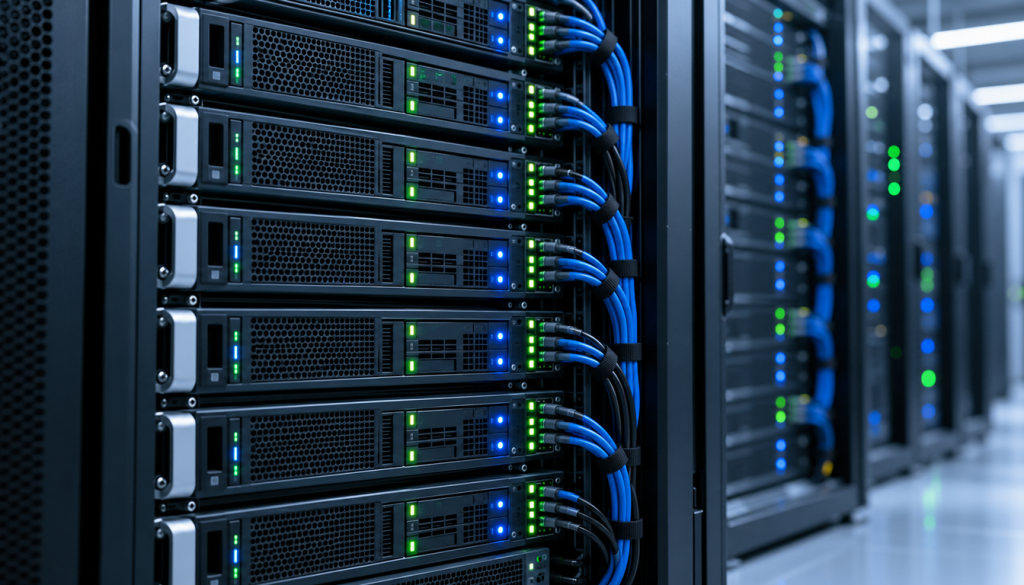 Server-Rack mit grünen und blauen Status-LEDs und geordneten Netzwerkkabeln im Rechenzentrum