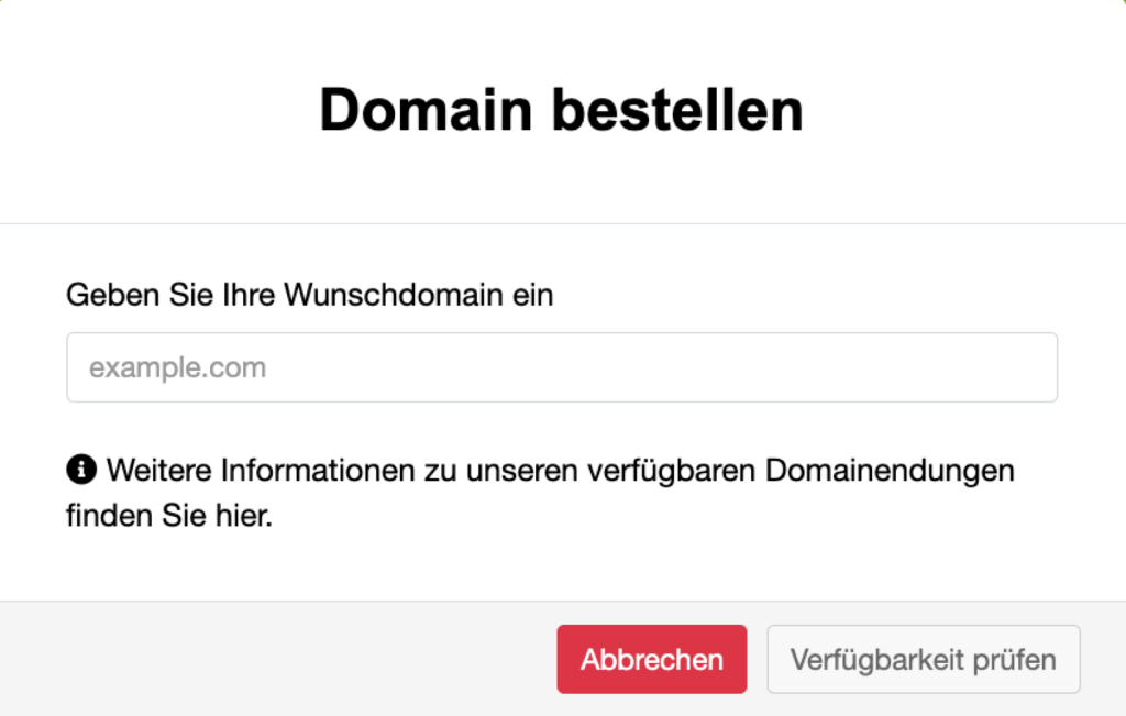 Dialog Domain bestellen im netcup CCP mit Feld für die Wunschdomain