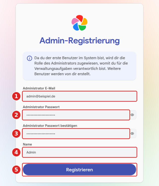 Immich-Seite Admin-Registrierung: Felder E-Mail (1), Passwort (2), Passwort bestätigen (3), Name (4) und Schaltfläche Registrieren (5)