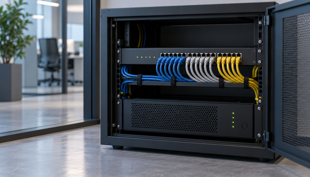 Geöffneter Netzwerkschrank mit Patchpanel, blauen, grauen und gelben Netzwerkkabeln und Server im modernen Büro