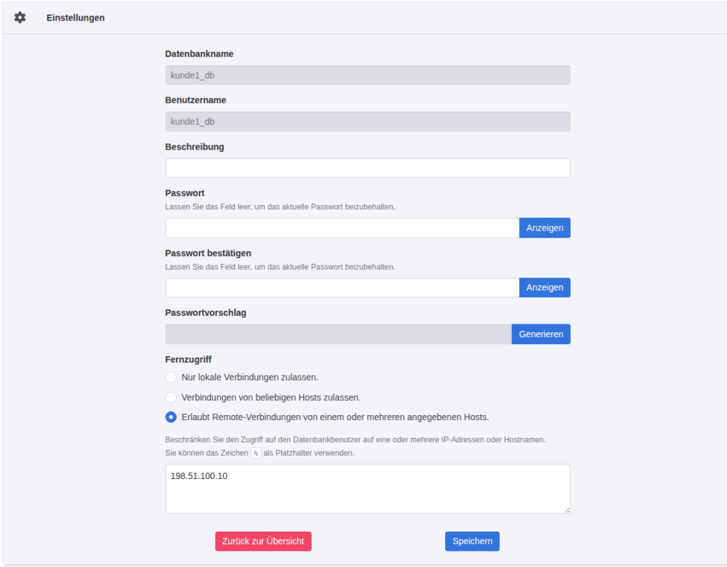 KeyHelp Kundenbereich Datenbank bearbeiten mit Fernzugriff auf angegebene Hosts beschränkt und Host 198.51.100.10