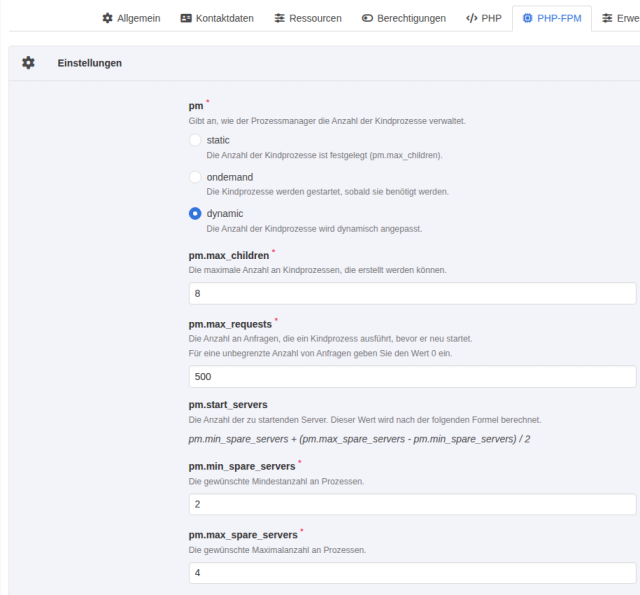 KeyHelp-Kundenkonto, Reiter PHP-FPM mit gewähltem Modus dynamic, pm.max_children 8, pm.max_requests 500, pm.min_spare_servers 2 und pm.max_spare_servers 4