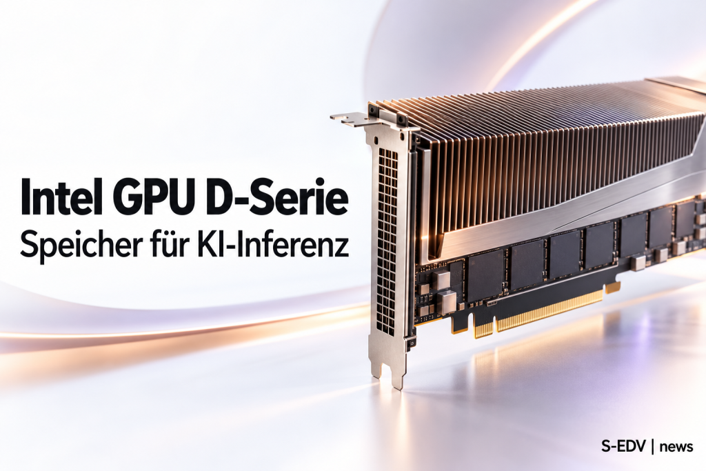Illustration einer unbeschrifteten Beschleunigerkarte mit der Headline Intel GPU D-Serie und Speicher für KI-Inferenz