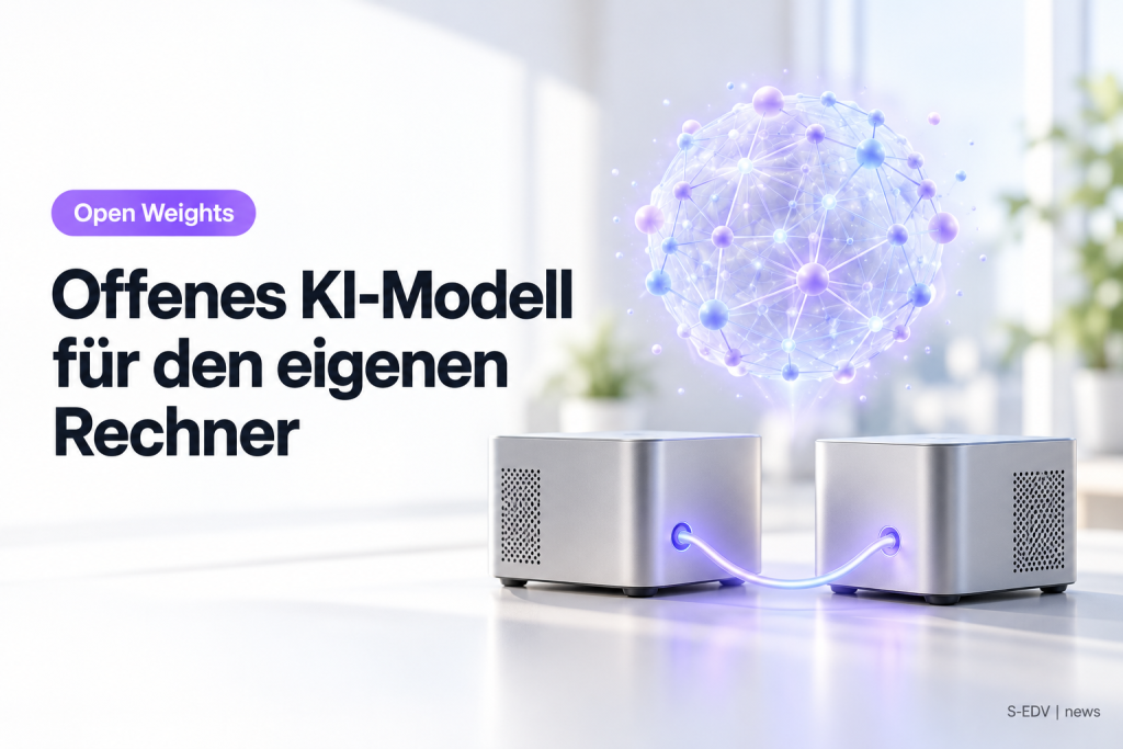 Titelbild: Offenes KI-Modell für den eigenen Rechner, zwei kompakte Desktop-Rechner unter einem leuchtenden neuronalen Netz