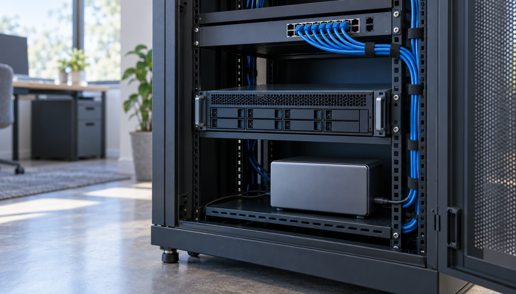 Offener Serverschrank im hellen Büro mit Switch, blauen Patchkabeln, Speicherserver und kleinem Gerät
