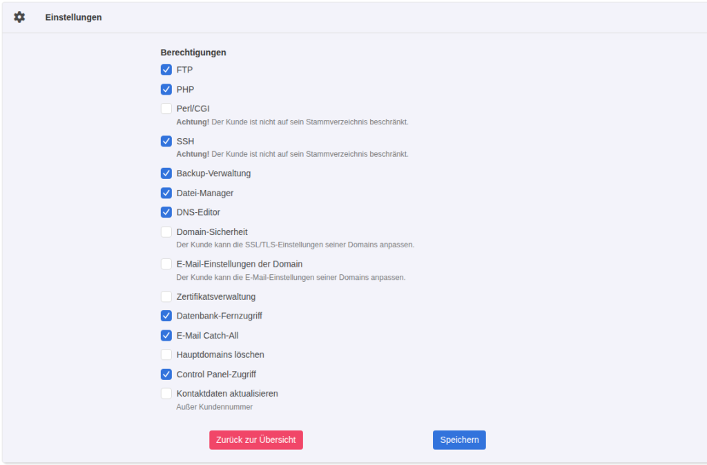 KeyHelp Kunde bearbeiten, Reiter Berechtigungen mit aktivierten Schaltern für SSH, Backup-Verwaltung, DNS-Editor und Datenbank-Fernzugriff