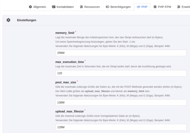 KeyHelp-Kundenkonto, Reiter PHP mit memory_limit 256M, max_execution_time 120, post_max_size 136M und upload_max_filesize 128M