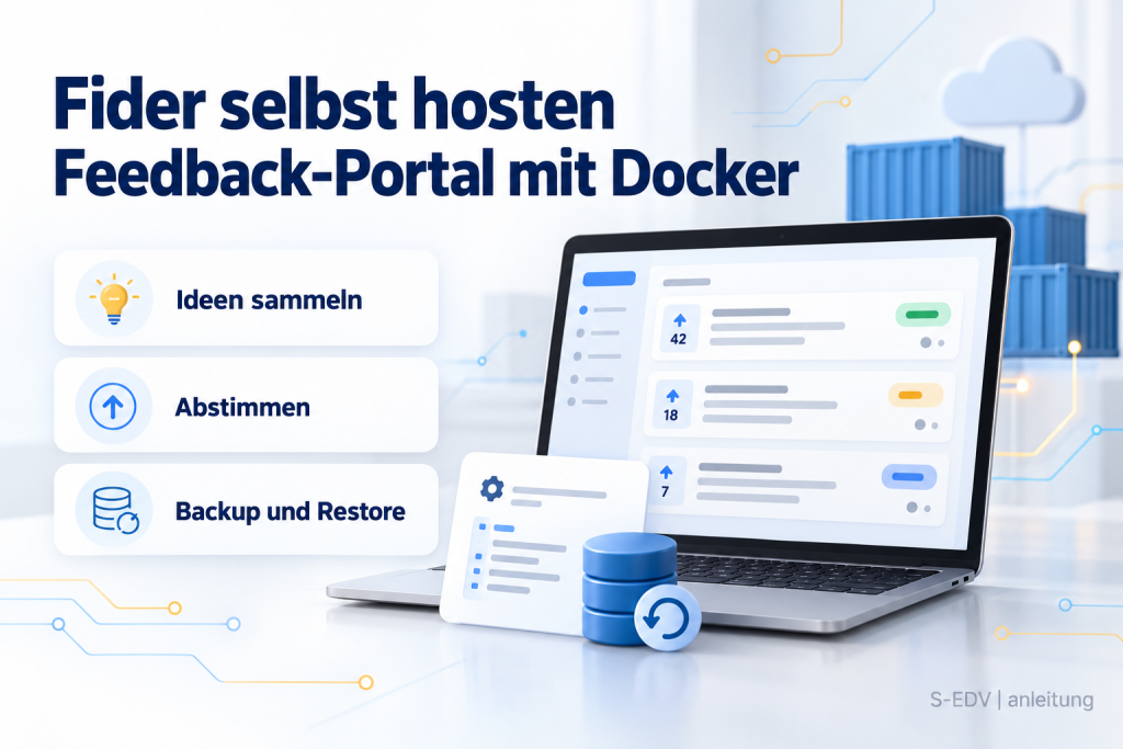 Titelbild: Fider selbst hosten, Feedback-Portal mit Docker, mit Laptop und abstraktem Ideen-Board